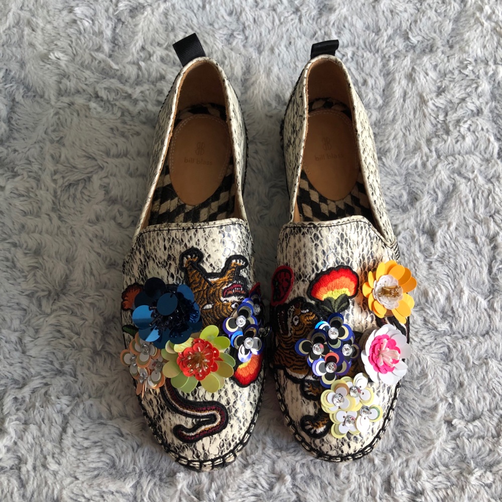 Bill Blass Anthro Sutton Espadrille Snake Print Bead Floral Design 7 Boho Art